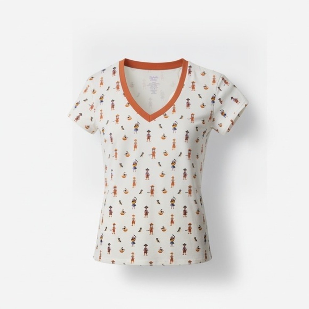 Posh Peanut Women Pirate Print V-Neck Short Sleeve Tee Cream Orange S/M